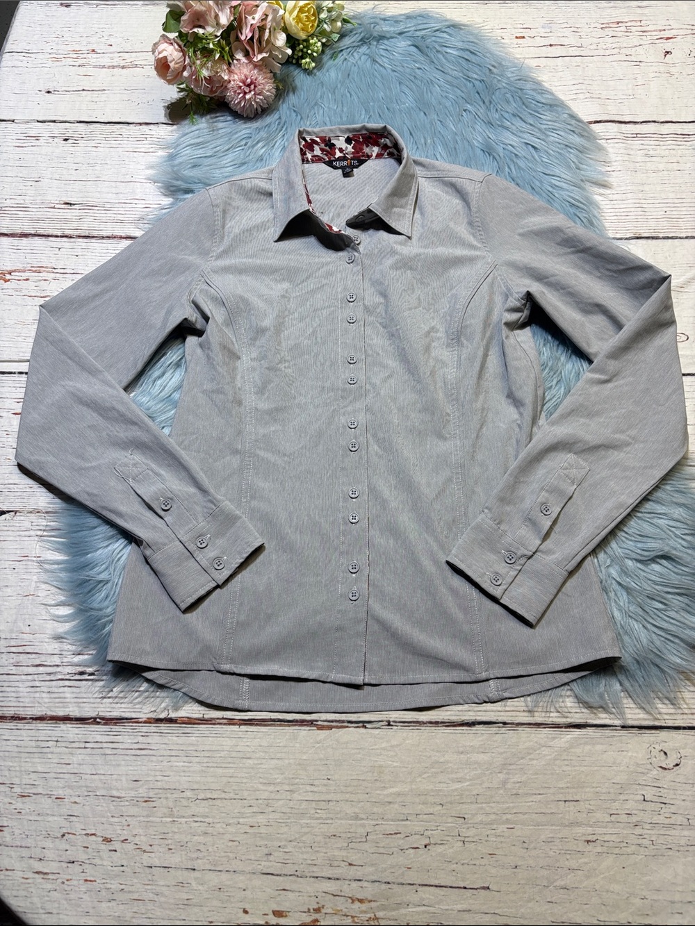 KERRITS Long Sleeve Equestrian Riding Button Front Stripe Shirt sz S
